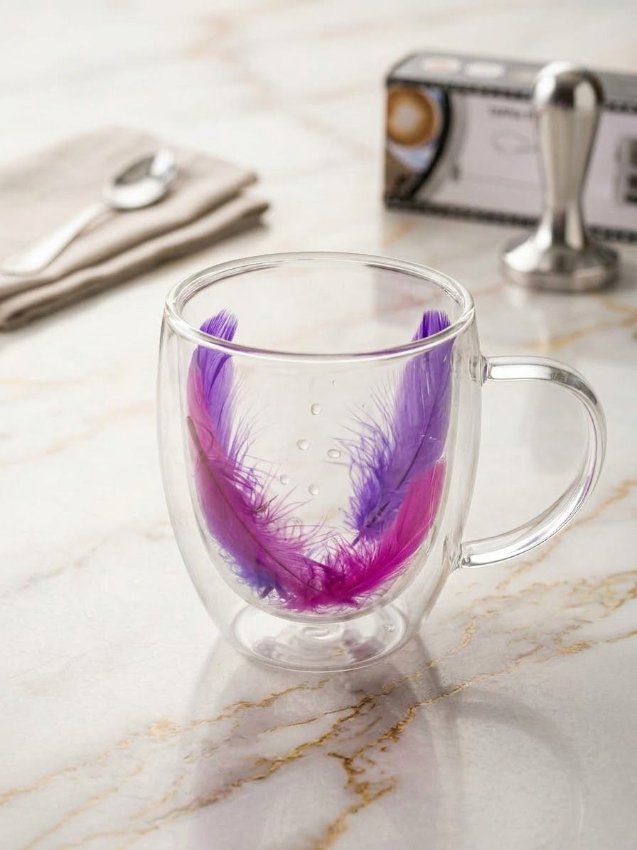 Borosalicate double walled flower or Feather filled Fine Glass Coffee & Tea Mug
